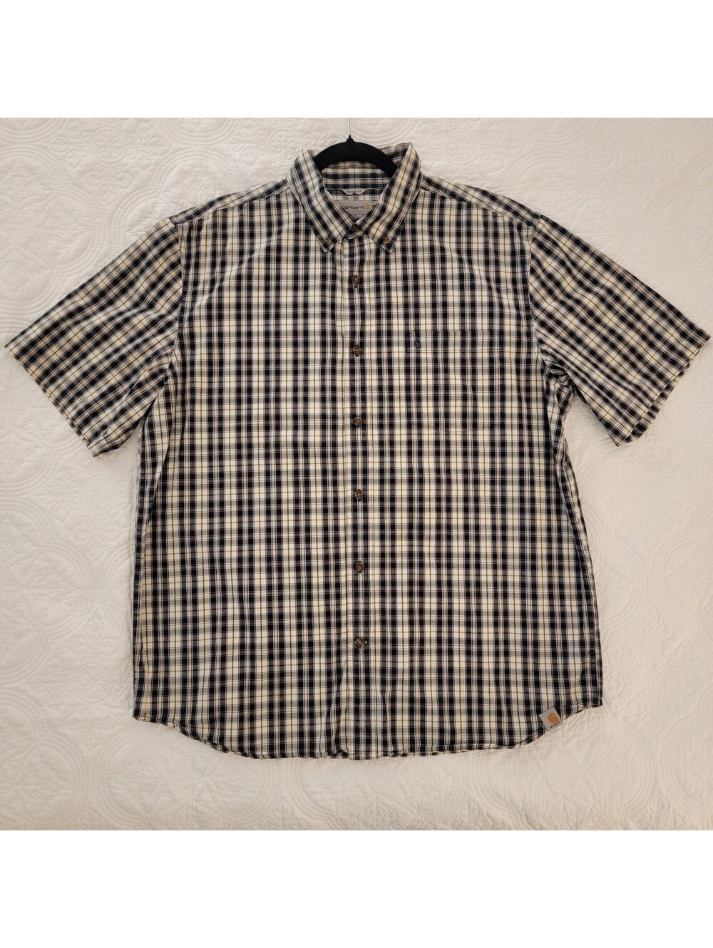 Carhartt Mens Relaxed Fit Plaid Short Sleeve Button Shirt Navy Green XL Work